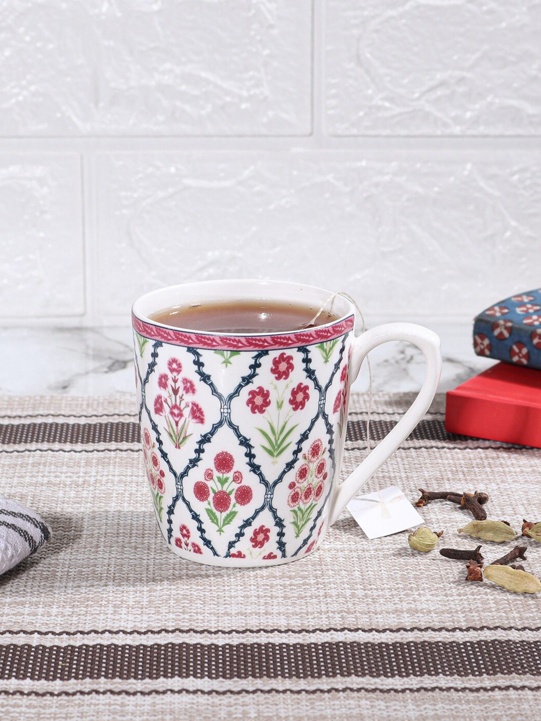 

Femora White & Pink Set of 6 DishWasher Safe Floral Printed Bone China Cups 160 ML Each