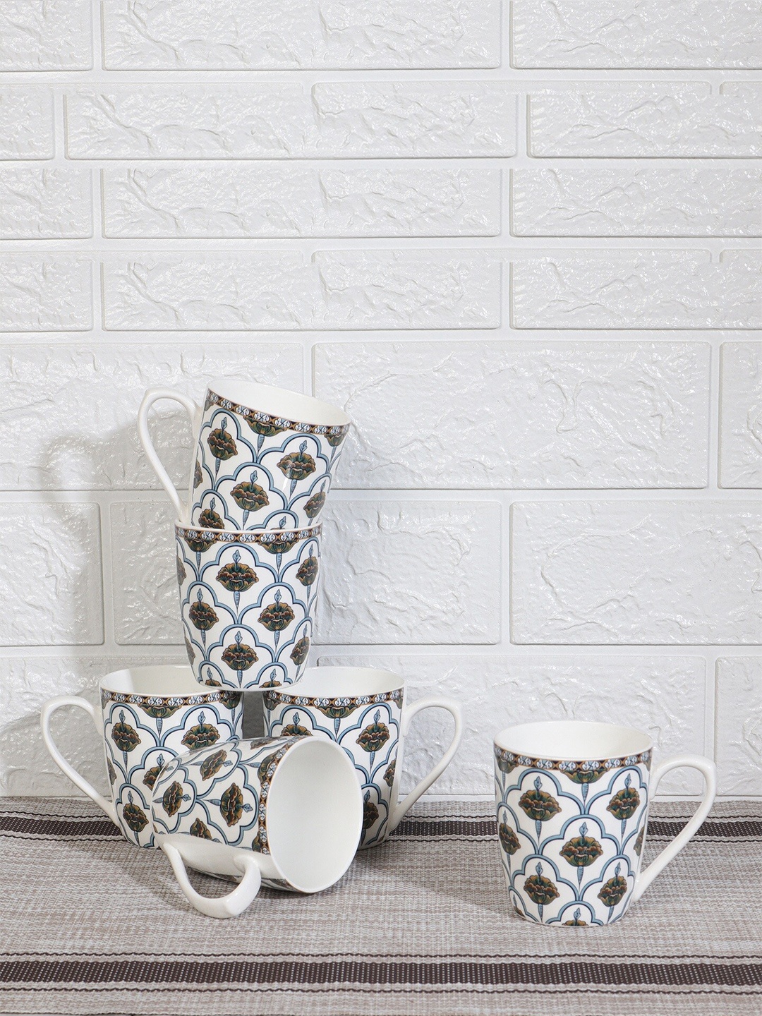 

Femora White & Blue Set of 6 DishWasher Safe Floral Printed Bone China Cups 160 ML Each
