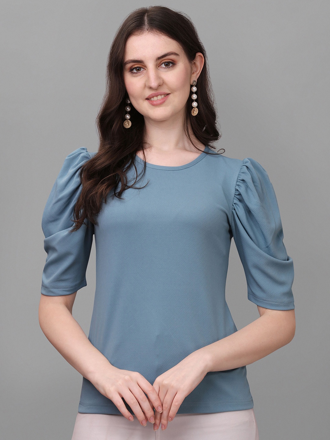 

VeBNoR Self Design Extended Sleeves Top, Blue