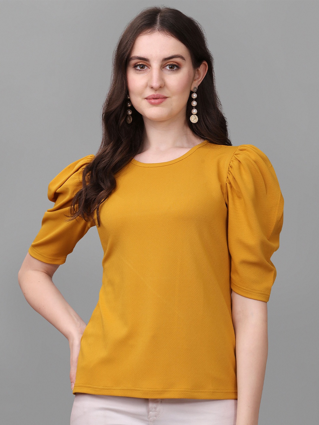 

VeBNoR Mustard Yellow Puff Sleeves Top