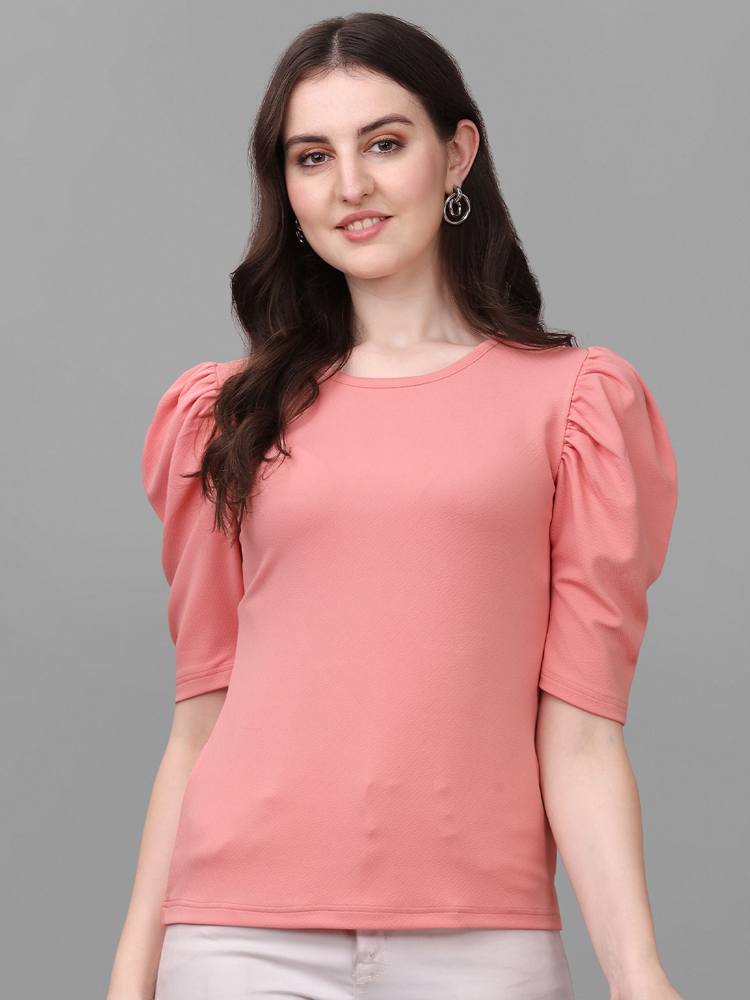 

VeBNoR Women Solid Round Neck Puff Sleeves Top, Pink