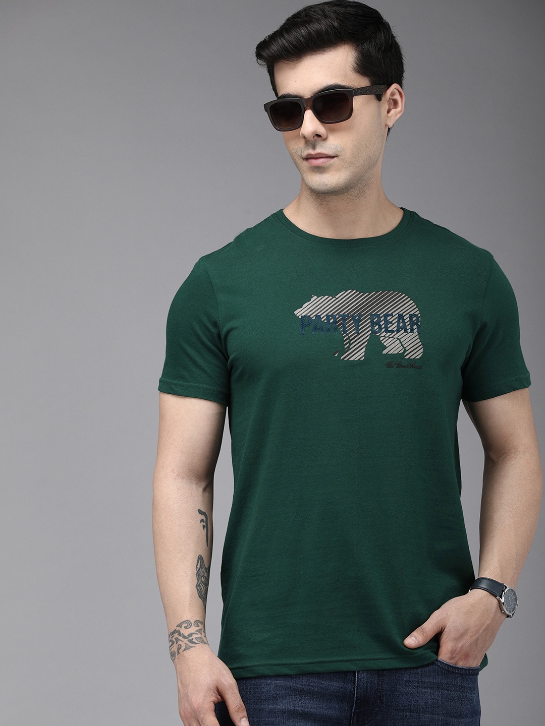 

THE BEAR HOUSE Ardor Edition Men Green Printed Pure Cotton Slim Fit T-shirt
