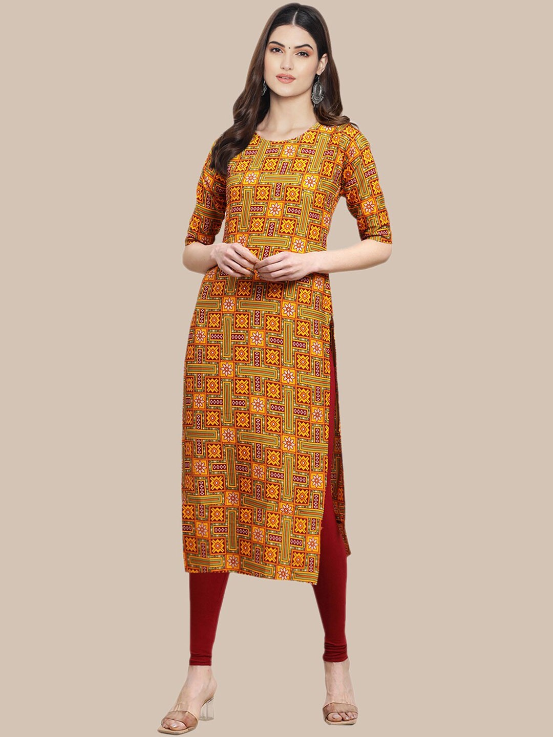 Ethnic basket Women Pack of 5 Ethnic Motifs Printed Crepe Kurta, Mustard