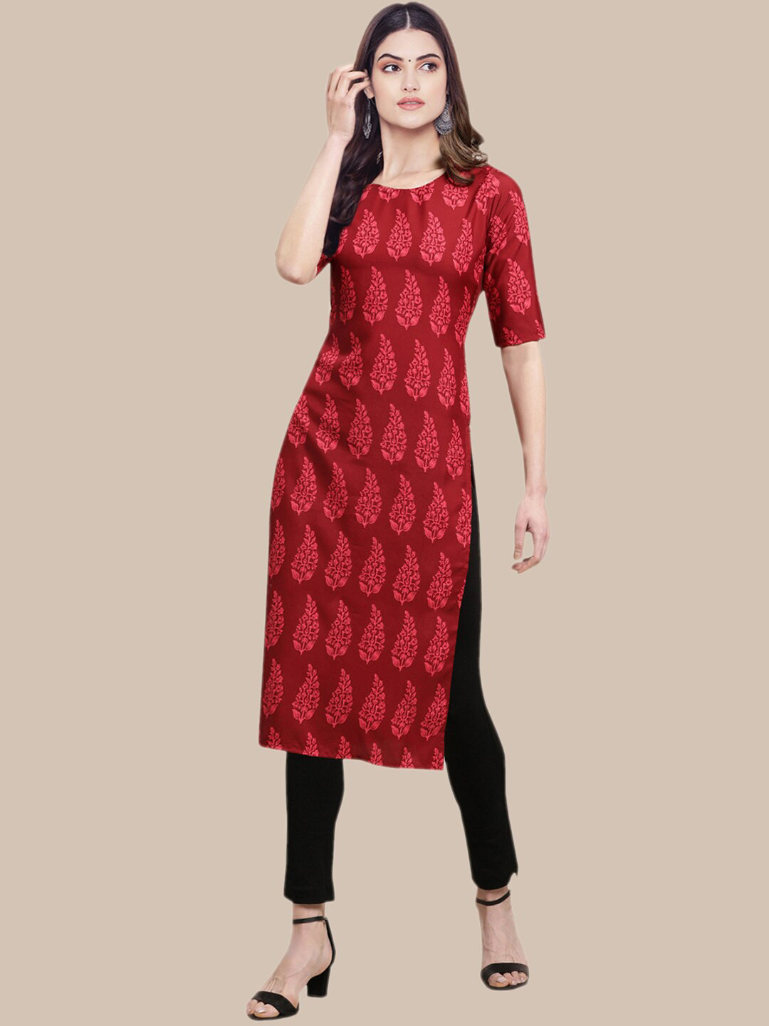 

Ethnic basket Women Maroon & Black Ethnic Motifs Printed Crepe Kurta