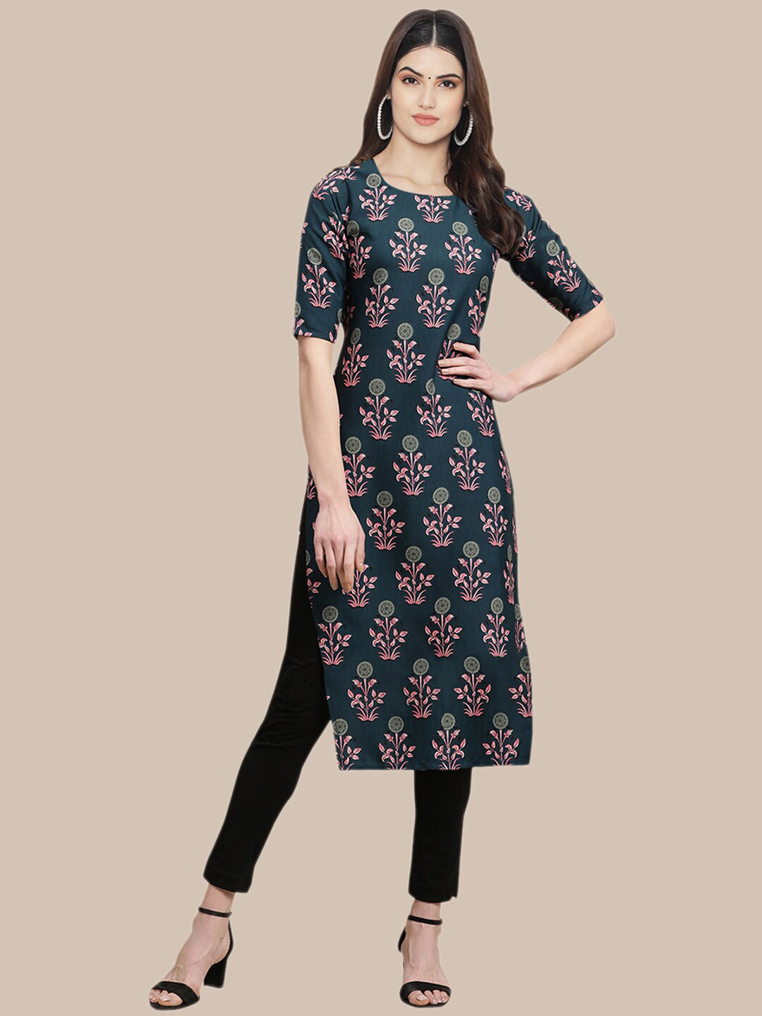 

Ethnic basket Women Pack of 5 Ethnic Motifs Printed Crepe Kurta, Green