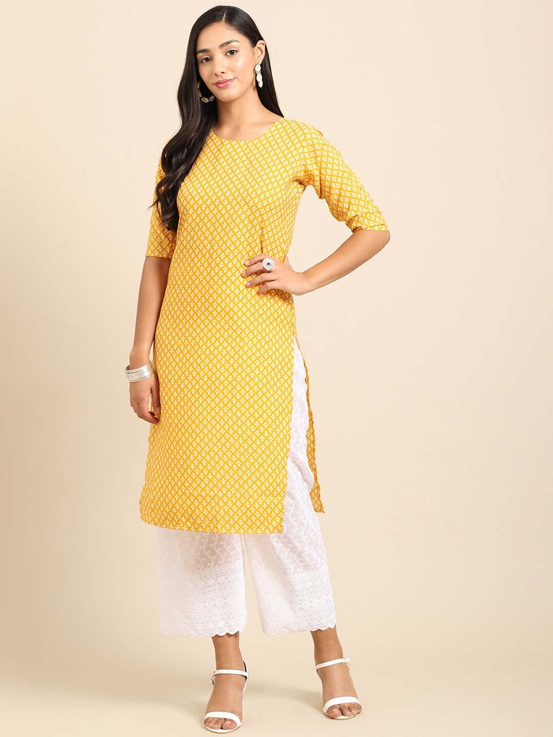 

Ethnic basket Women Pack of 5 Ethnic Motifs Printed Crepe Kurta, Yellow