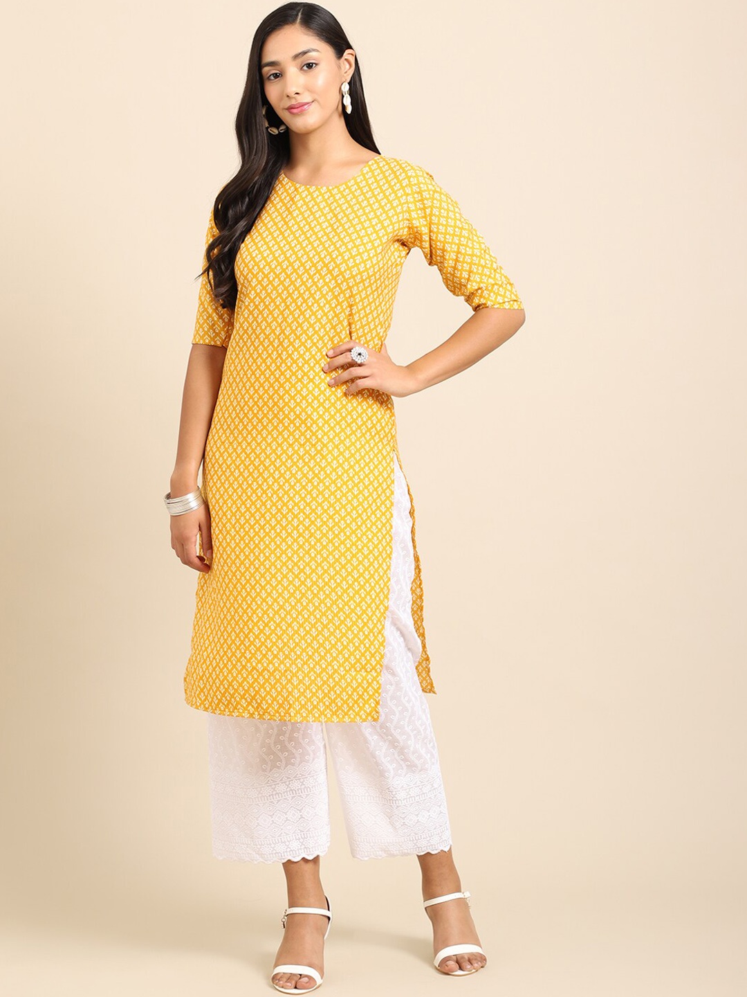 

Ethnic basket Women Pack of 5 Ethnic Motifs Printed Crepe Kurta, Yellow