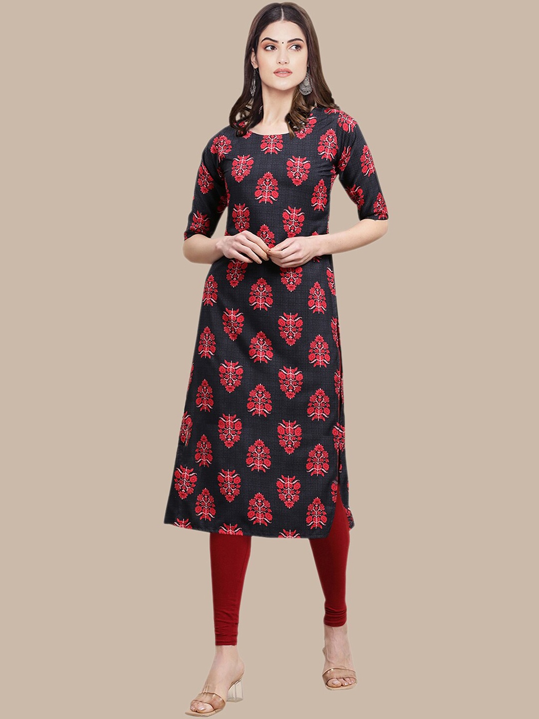 

Ethnic basket Women Black & Mustard Yellow Floral Printed Crepe Kurta