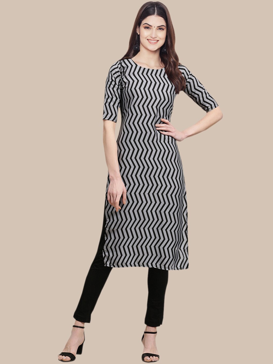

Ethnic basket Women Black & Brown Geometric Printed Crepe Kurta