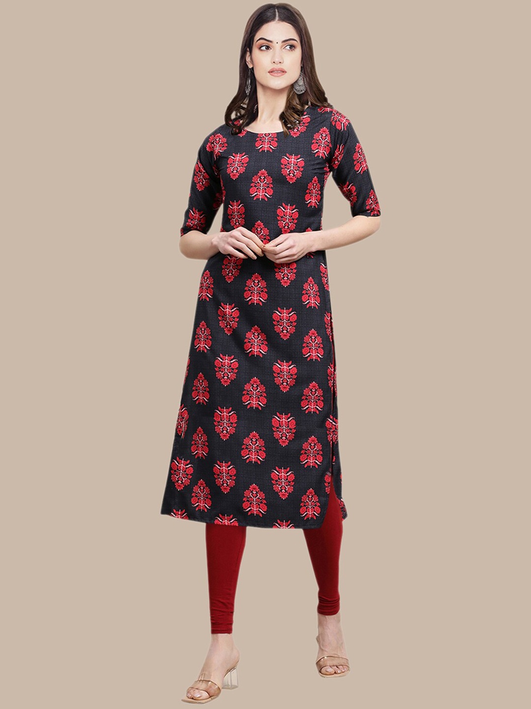 

Ethnic basket Women Black & Red Ethnic Motifs Printed Crepe Kurta