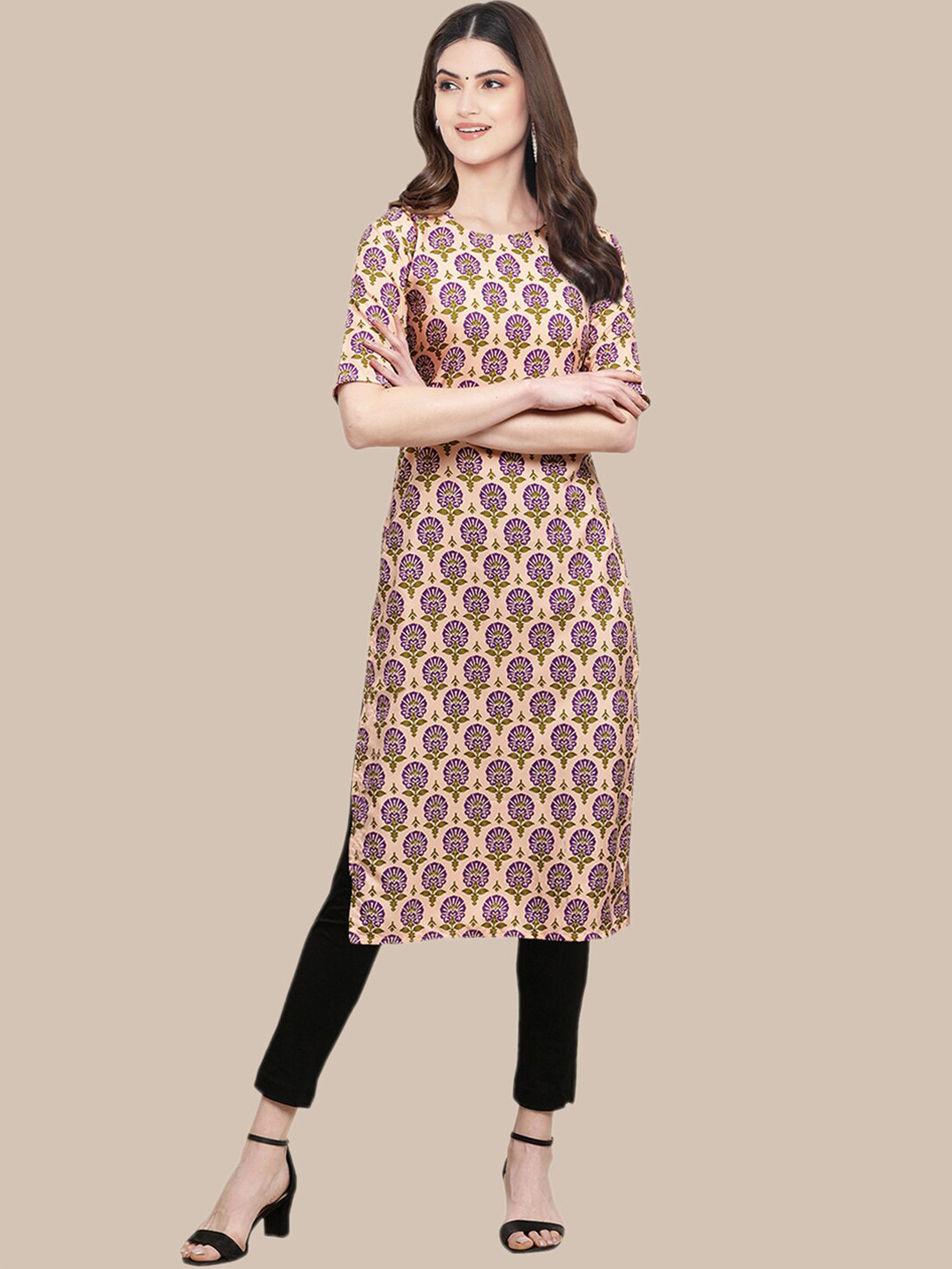 

Ethnic basket Women Yellow & Pink Geometric Printed Crepe Kurta