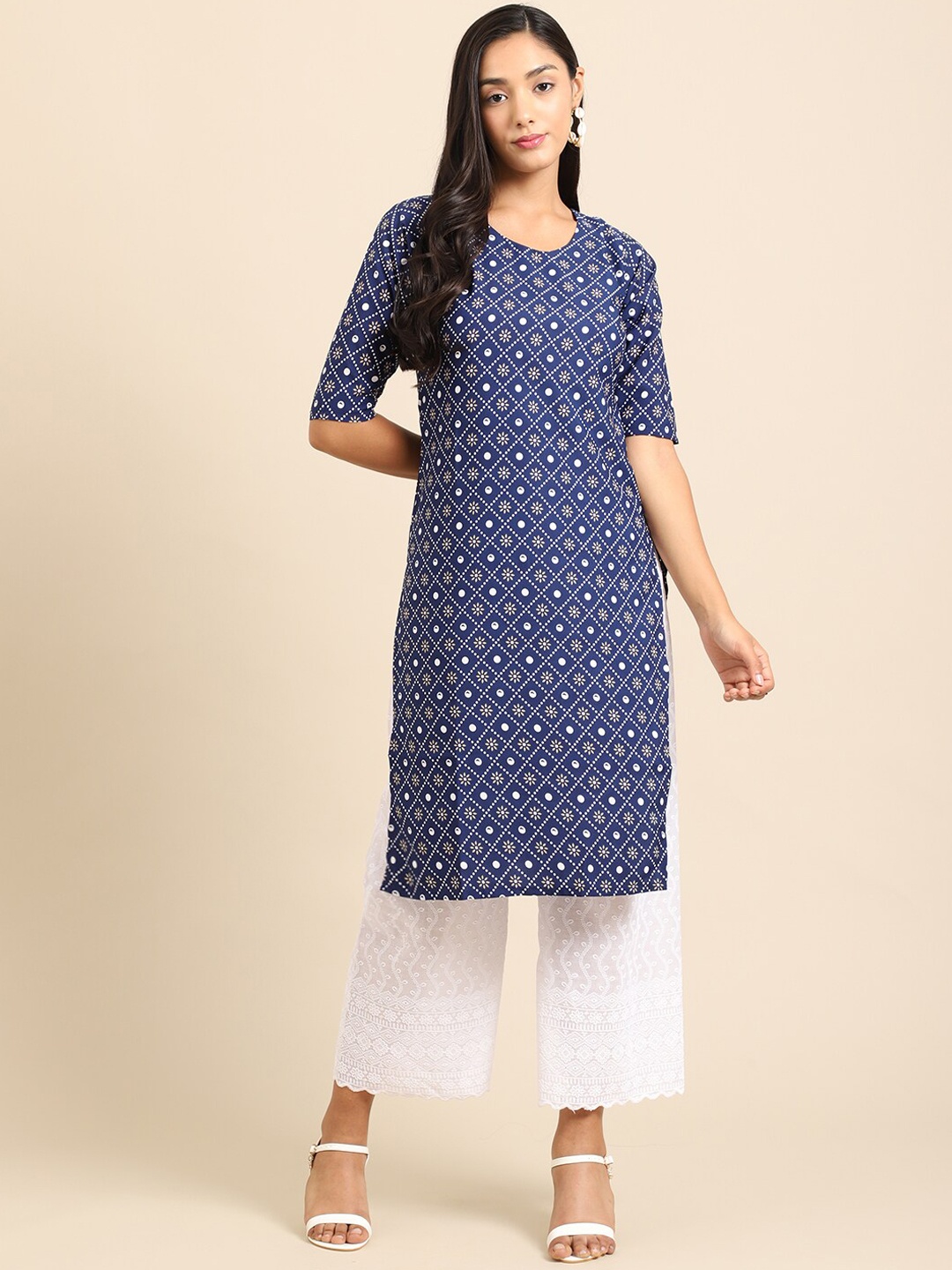 

Ethnic basket Women Blue & Yellow Geometric Printed Crepe Kurta