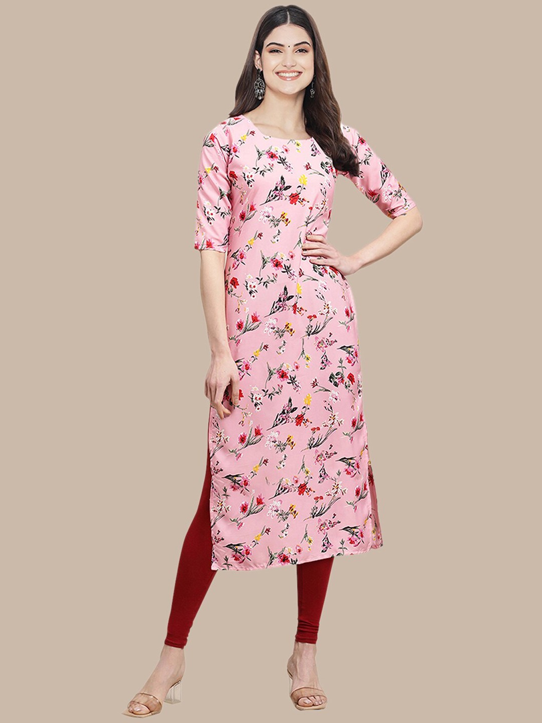 

Ethnic basket Women Pink & Red Floral Printed Crepe Kurta