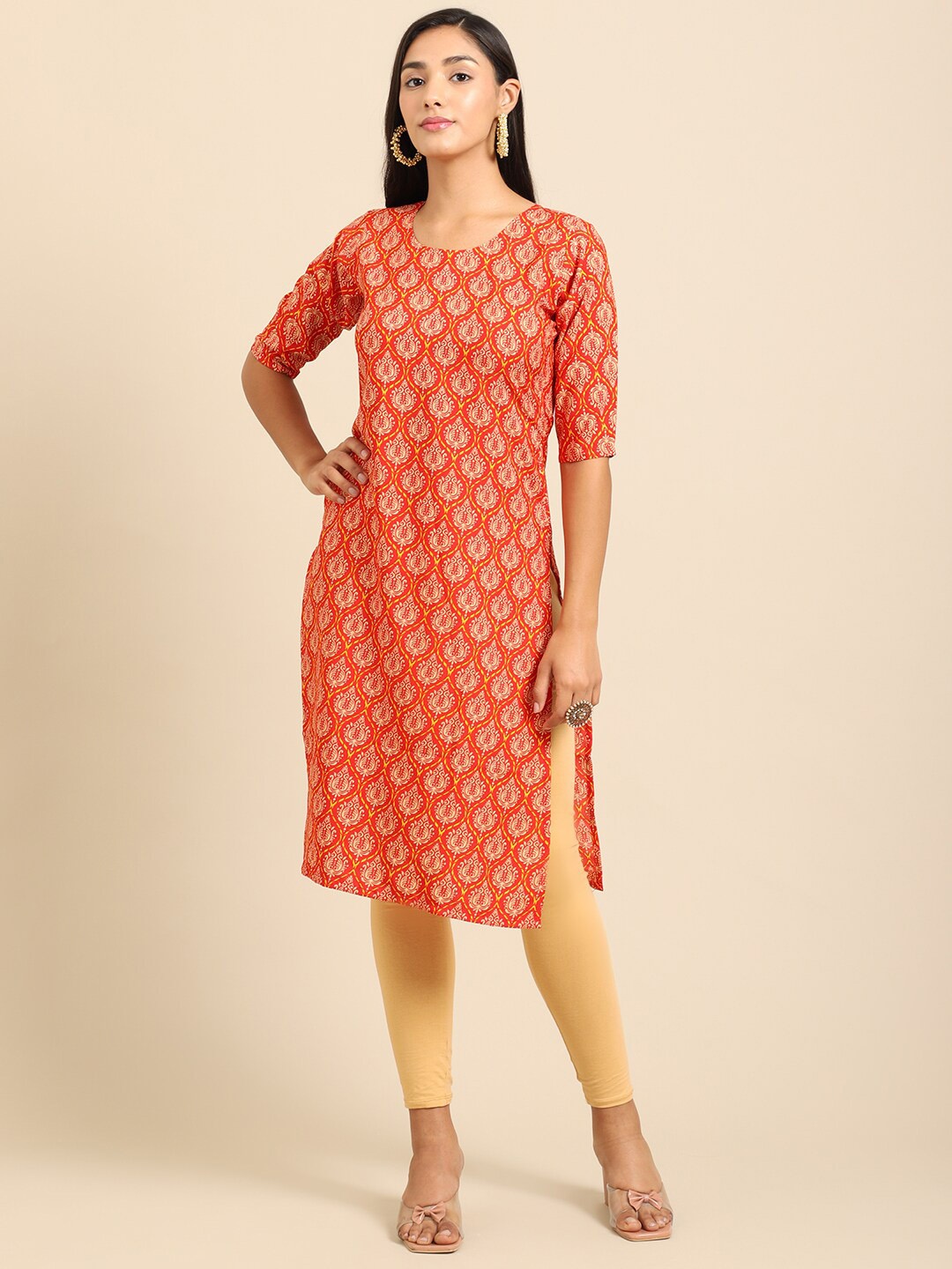

Ethnic basket Women Orange & Maroon Geometric Printed Crepe Kurta