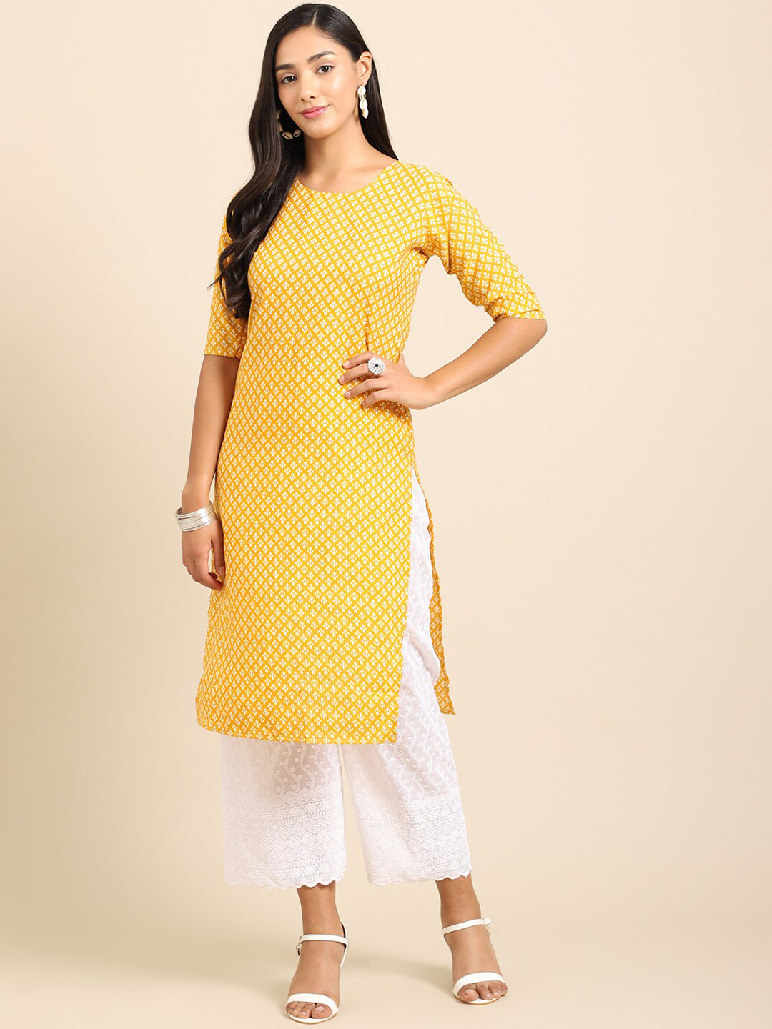 

Ethnic basket Women Pack of 5 Ethnic Motifs Printed Crepe Kurta, Yellow