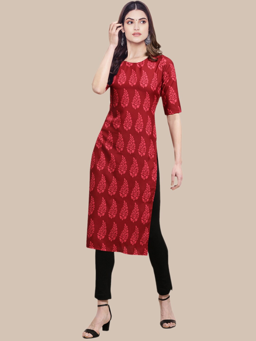 

Ethnic basket Women Pack Of 5 Ethnic Motifs Printed Block Print Crepe Kurtas, Maroon