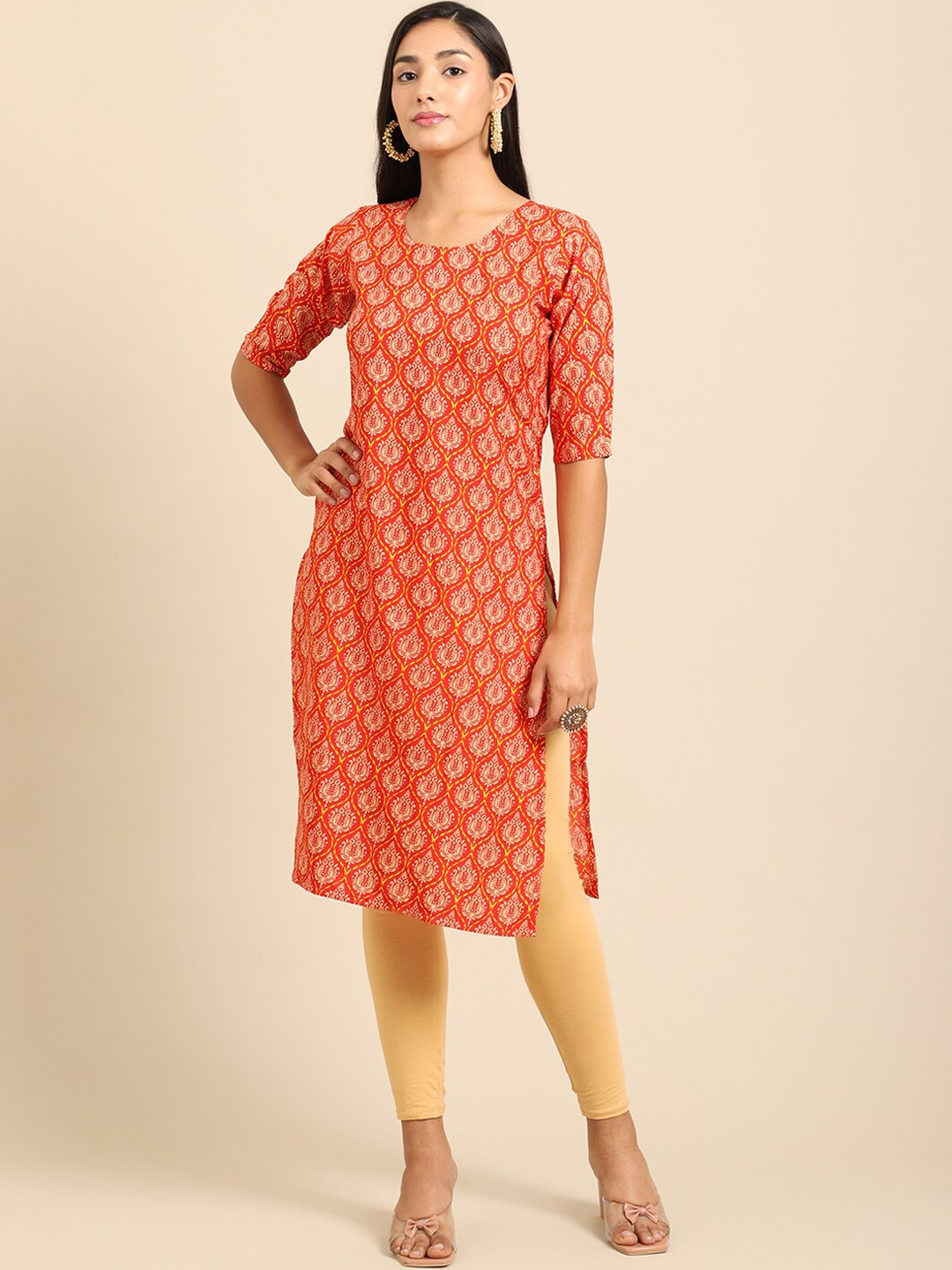 Ethnic basket Women Pack Of 5 Geometric Printed Block Print Crepe Kurtas, Orange