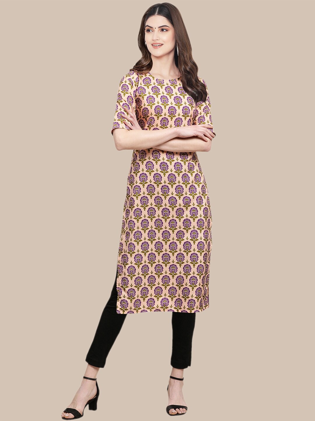 

Ethnic basket Women Pack of 5 Ethnic Motifs Printed Crepe Kurta, Peach