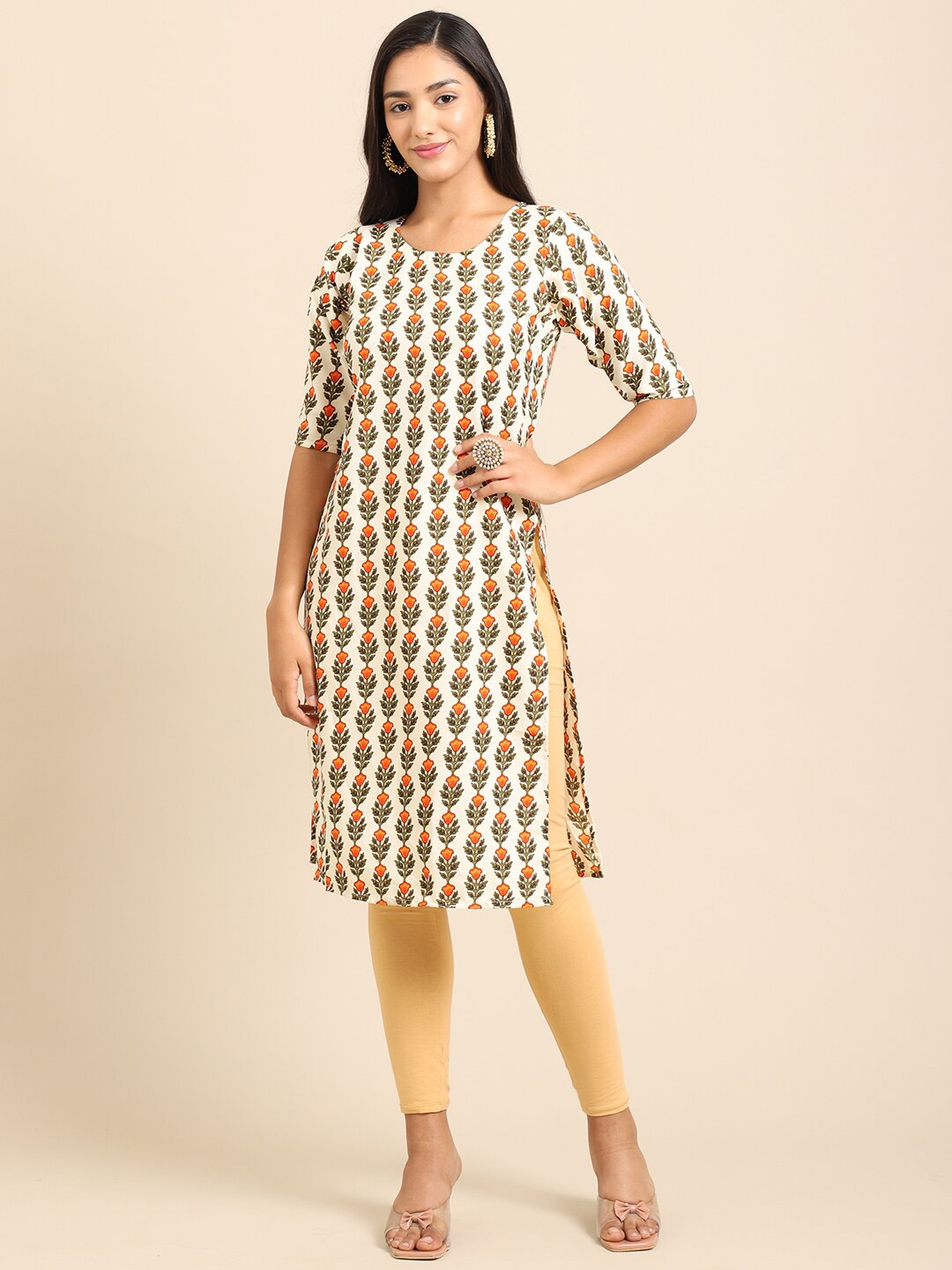 Ethnic basket Women Pack of 5 Ethnic Motifs Printed Crepe Kurta, Cream