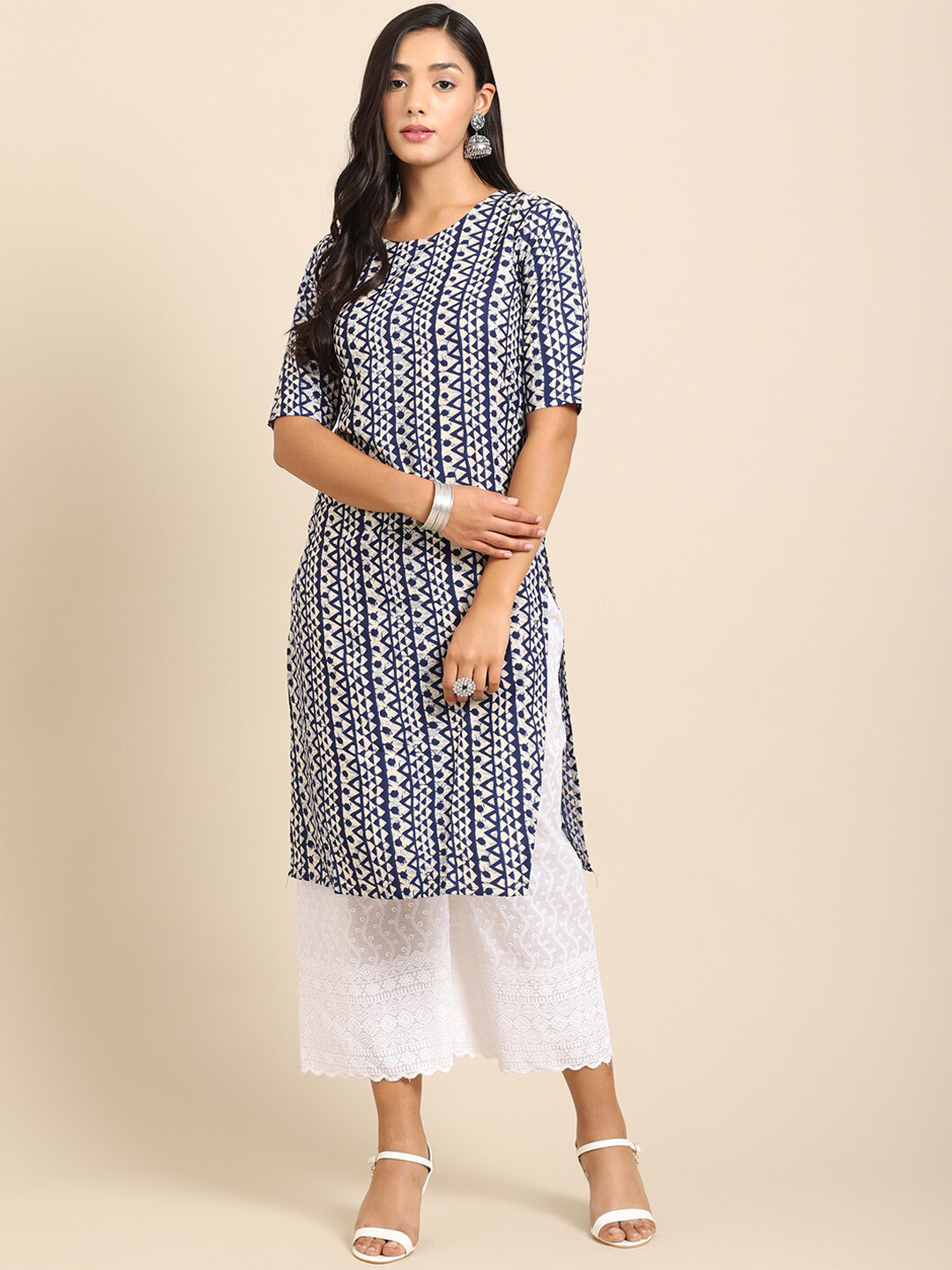 

Ethnic basket Women Pack of 5 Ethnic Motifs Printed Crepe Kurta, Cream