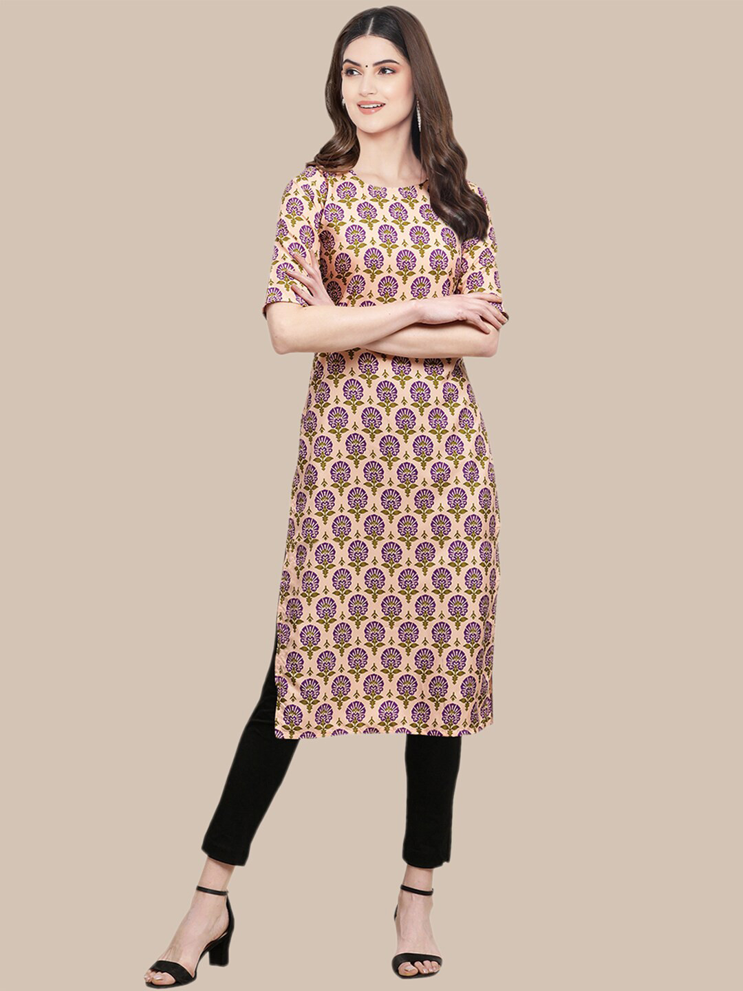 

Ethnic basket Women Pack of 5 Ethnic Motifs Printed Crepe Kurta, Peach