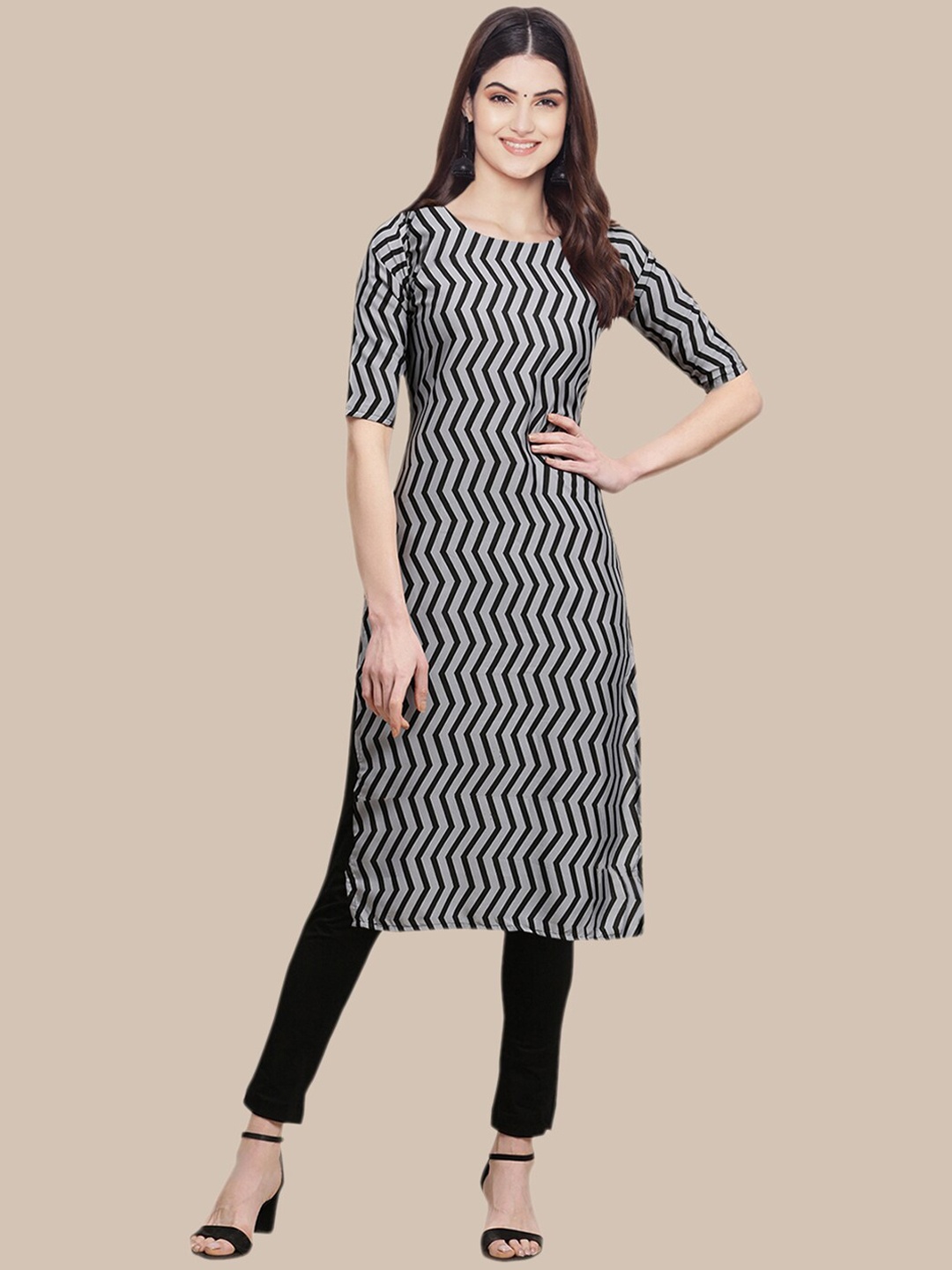 Ethnic basket Women Pack of 5 Ethnic Motifs Printed Crepe Kurta, Black