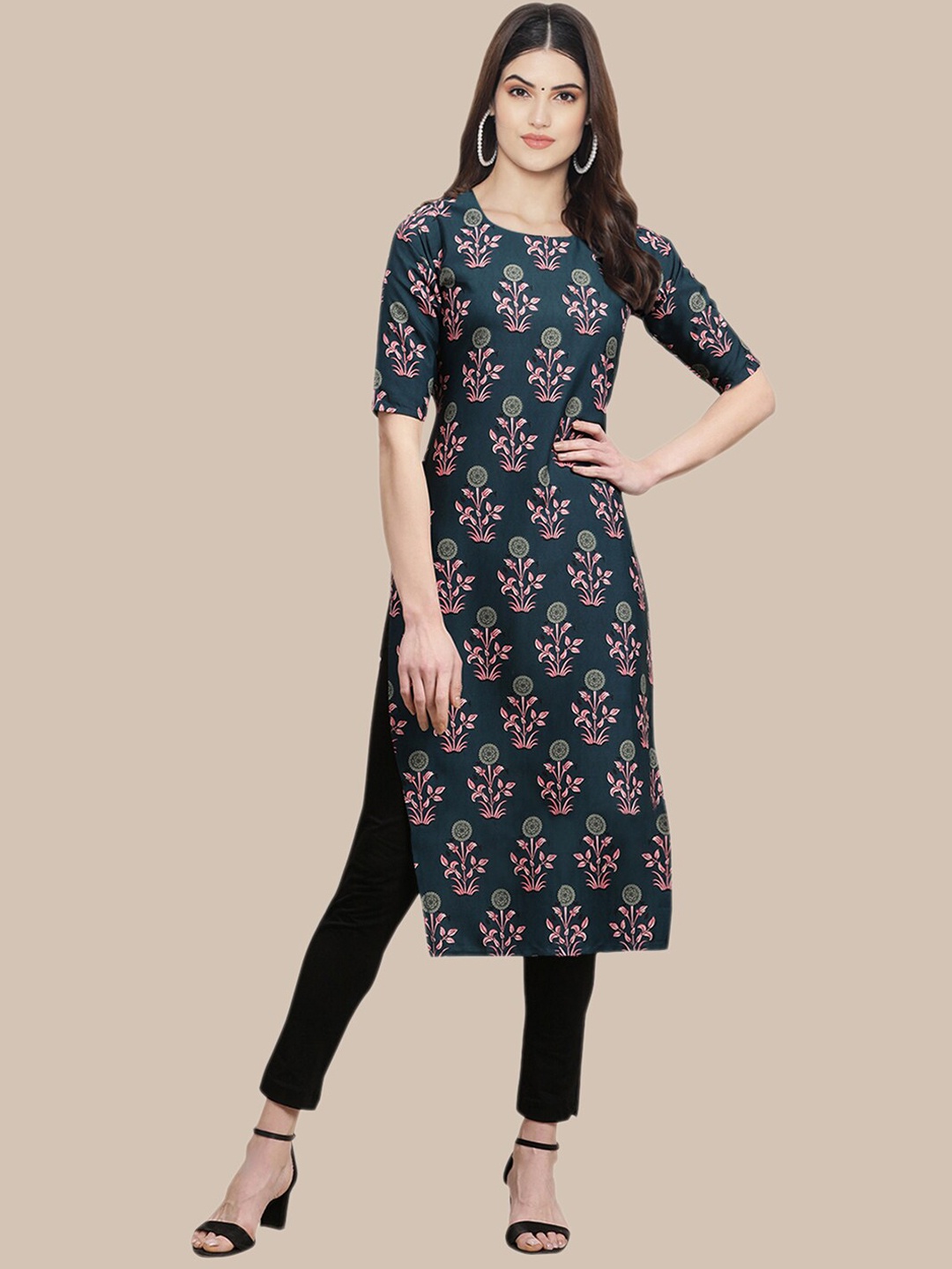 

Ethnic basket Women Pack of 5 Ethnic Motifs Printed Crepe Kurta, Green