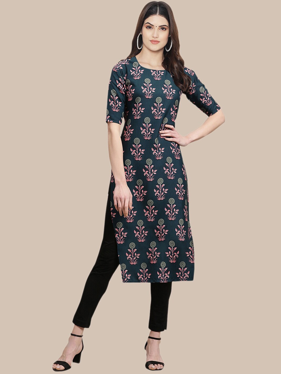 

Ethnic basket Women Pack of 5 Ethnic Motifs Printed Crepe Kurta, Green