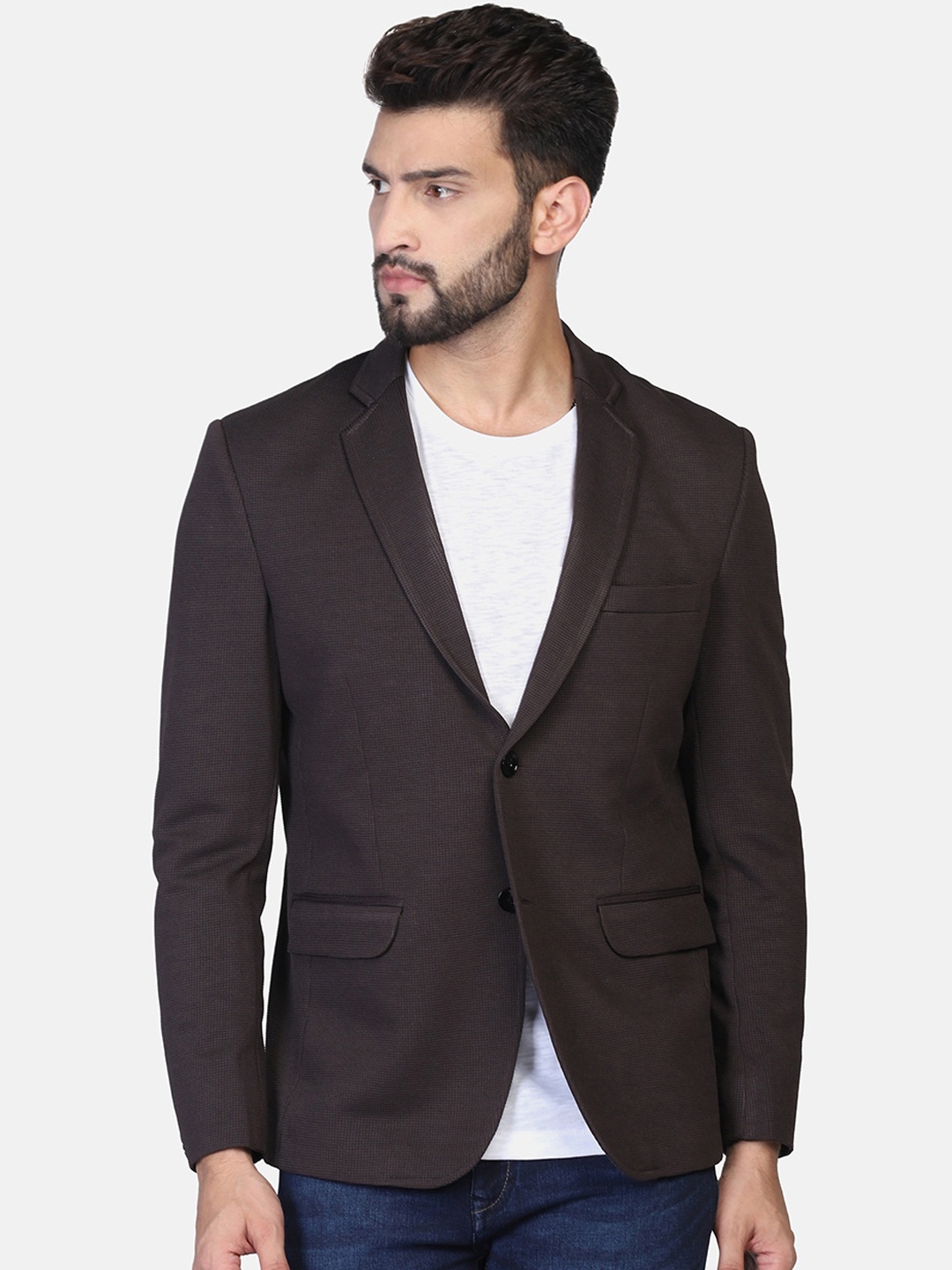 

TAHVO Men Solid Slim-Fit Single Breasted Blazers, Brown