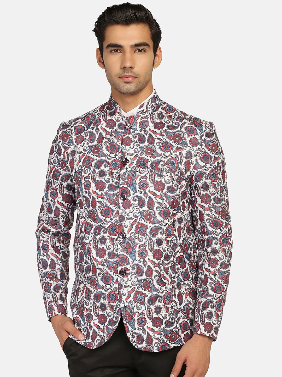 

TAHVO Men Printed Bandgala Blazers, White