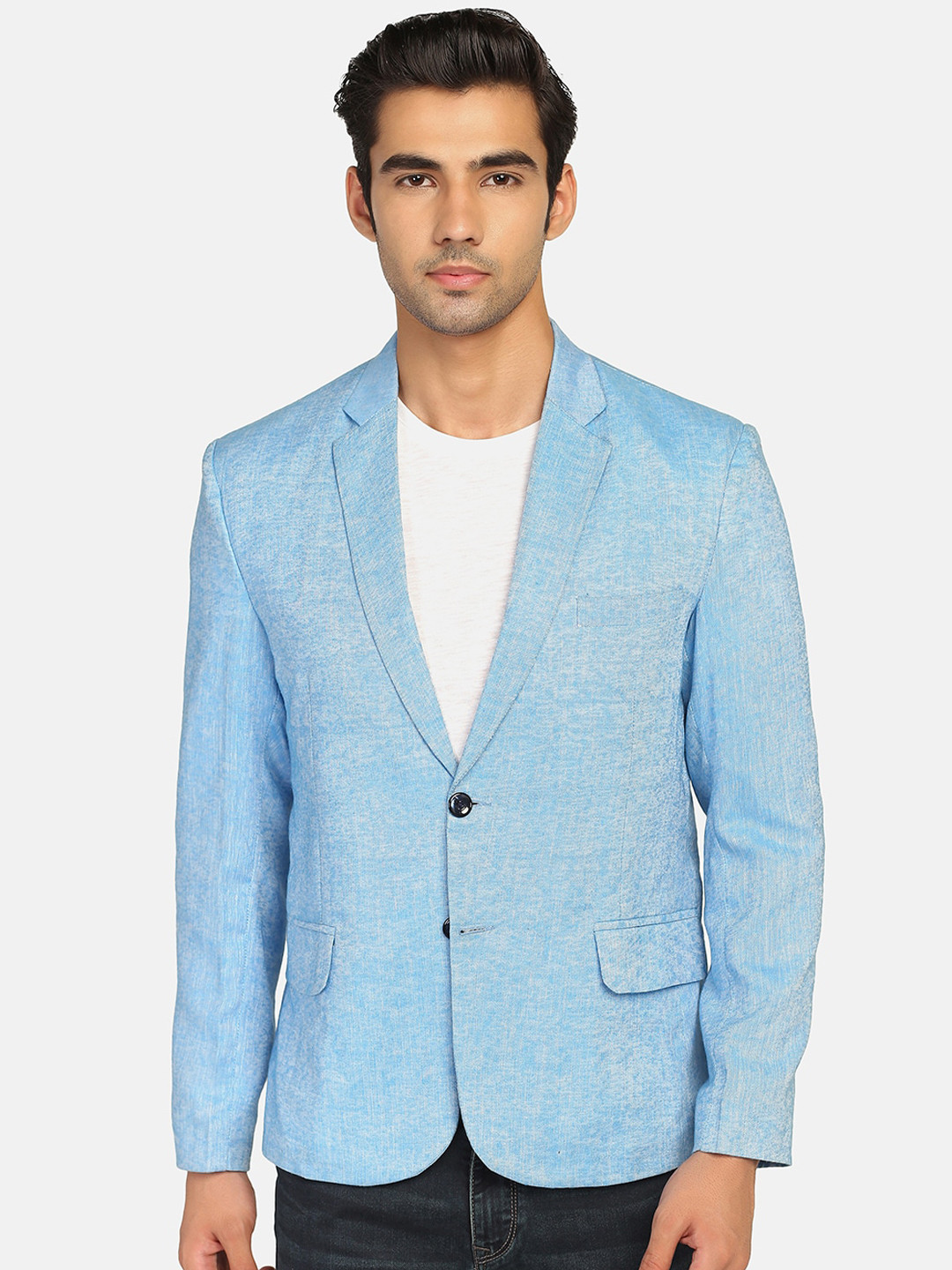 

TAHVO Men Solid Linen Single-Breasted Slim-Fit Blazers, Blue