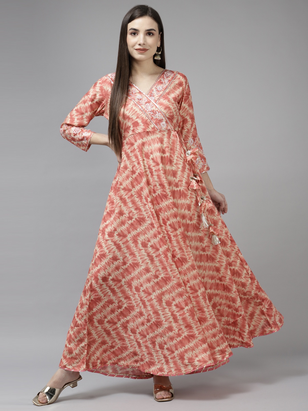 

Yufta Peach-Coloured Tie and Dye Embroidered A-Line Ethnic Maxi Dress