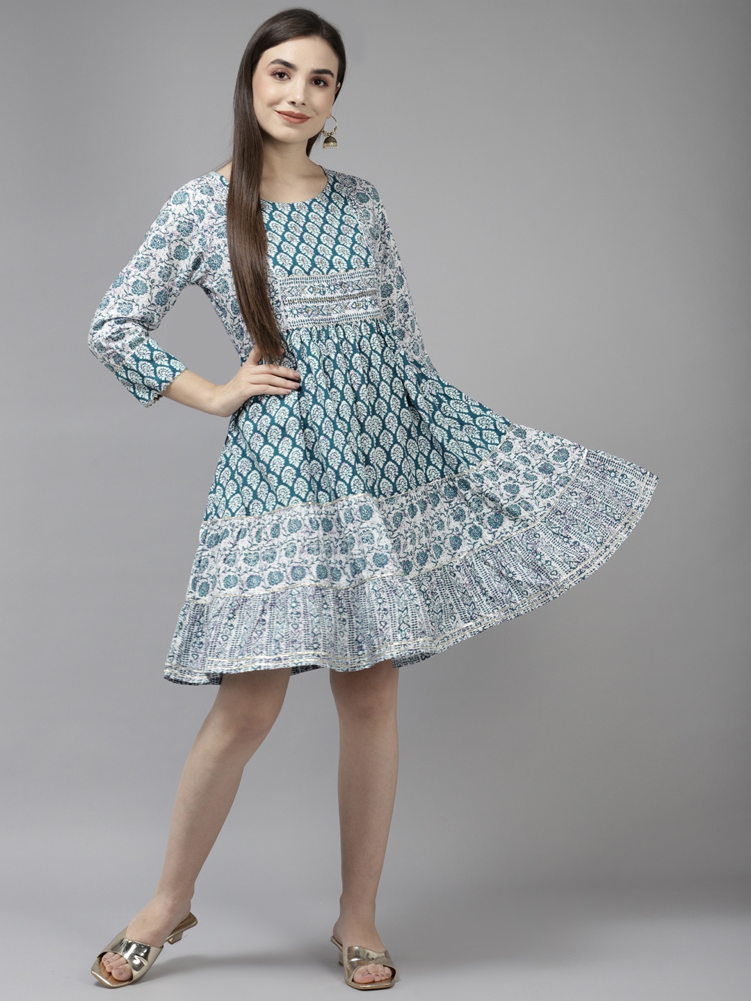 

Yufta White & Teal Blue Ethnic Motifs Print Mirror Work Fit & Flare Ethnic Dress
