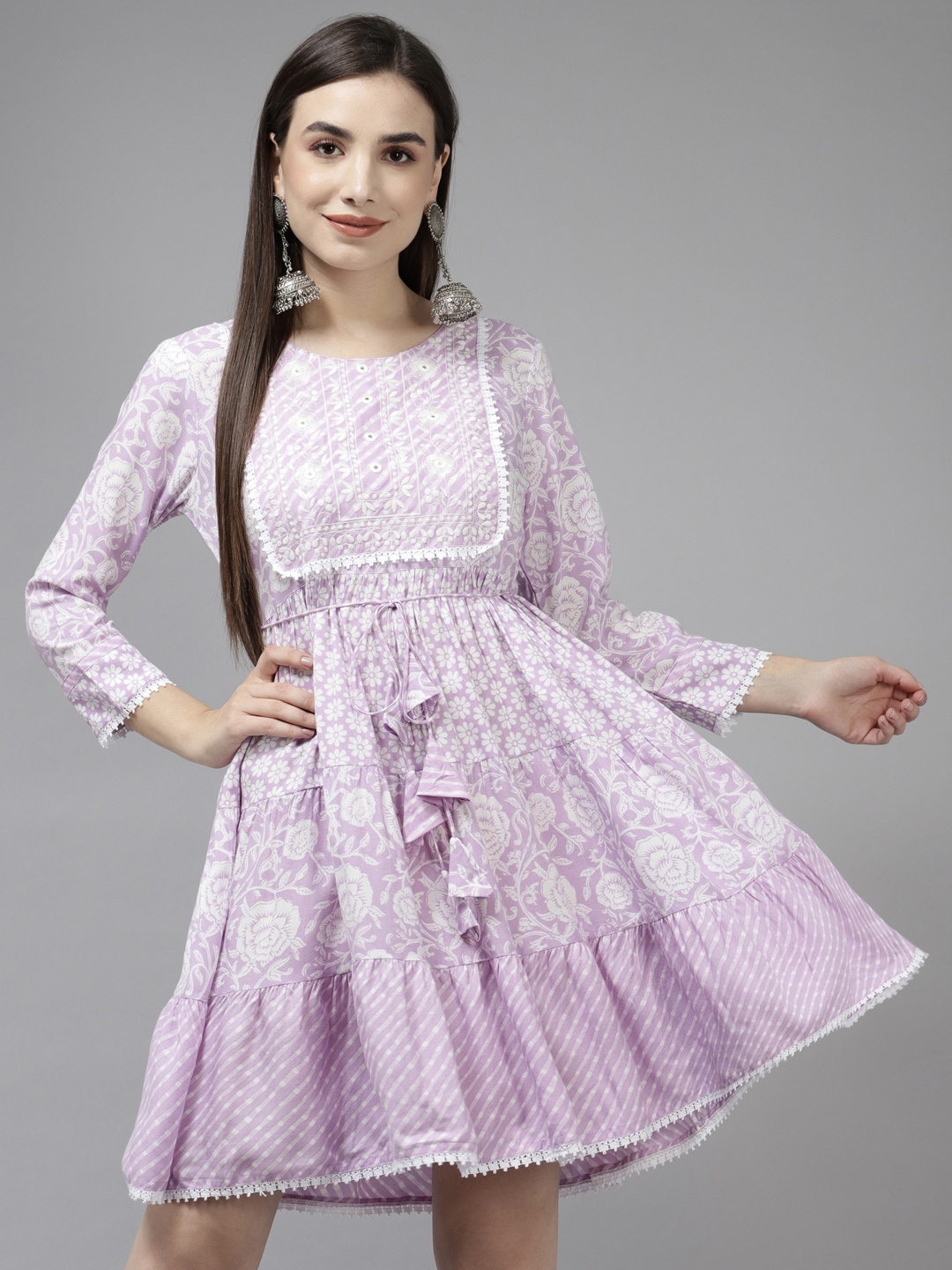 

Yufta Lavender & White Floral Print Embroidered Dress