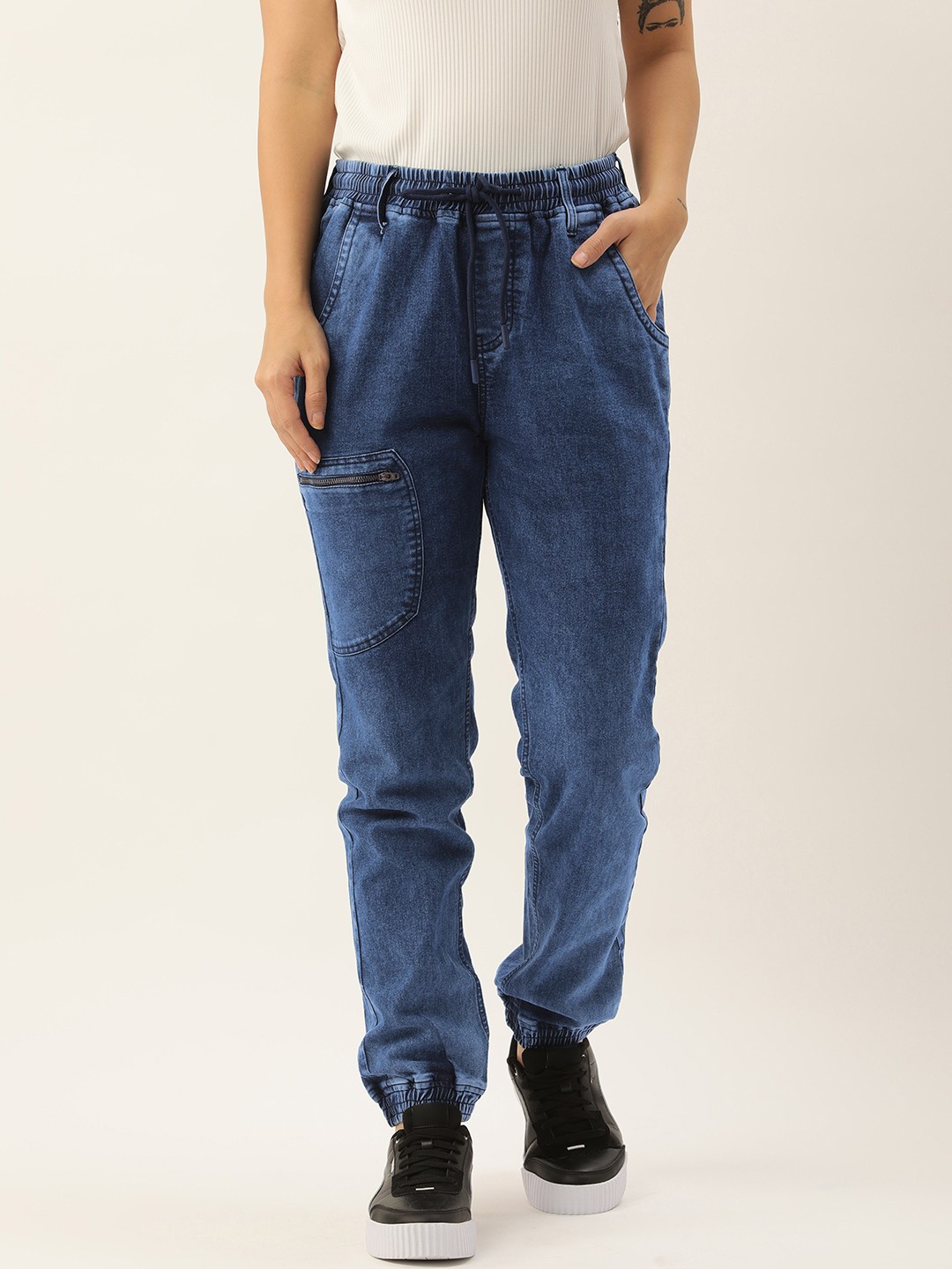 

IVOC Women Regular Fit Solid Cotton Cargo Jogger Fit Jeans, Blue