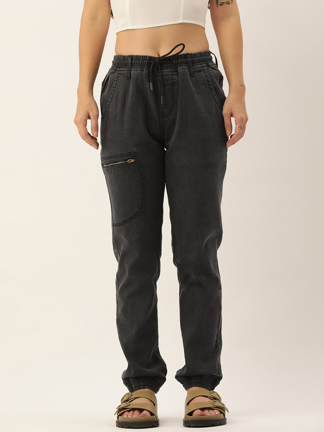 

IVOC Women Regular Fit Cotton Cargo Jogger Fit Jeans, Charcoal