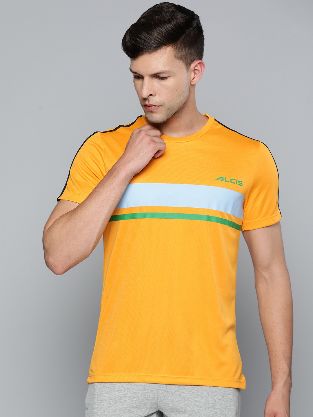 

Alcis Men Yellow & Blue Striped Slim Fit T-shirt