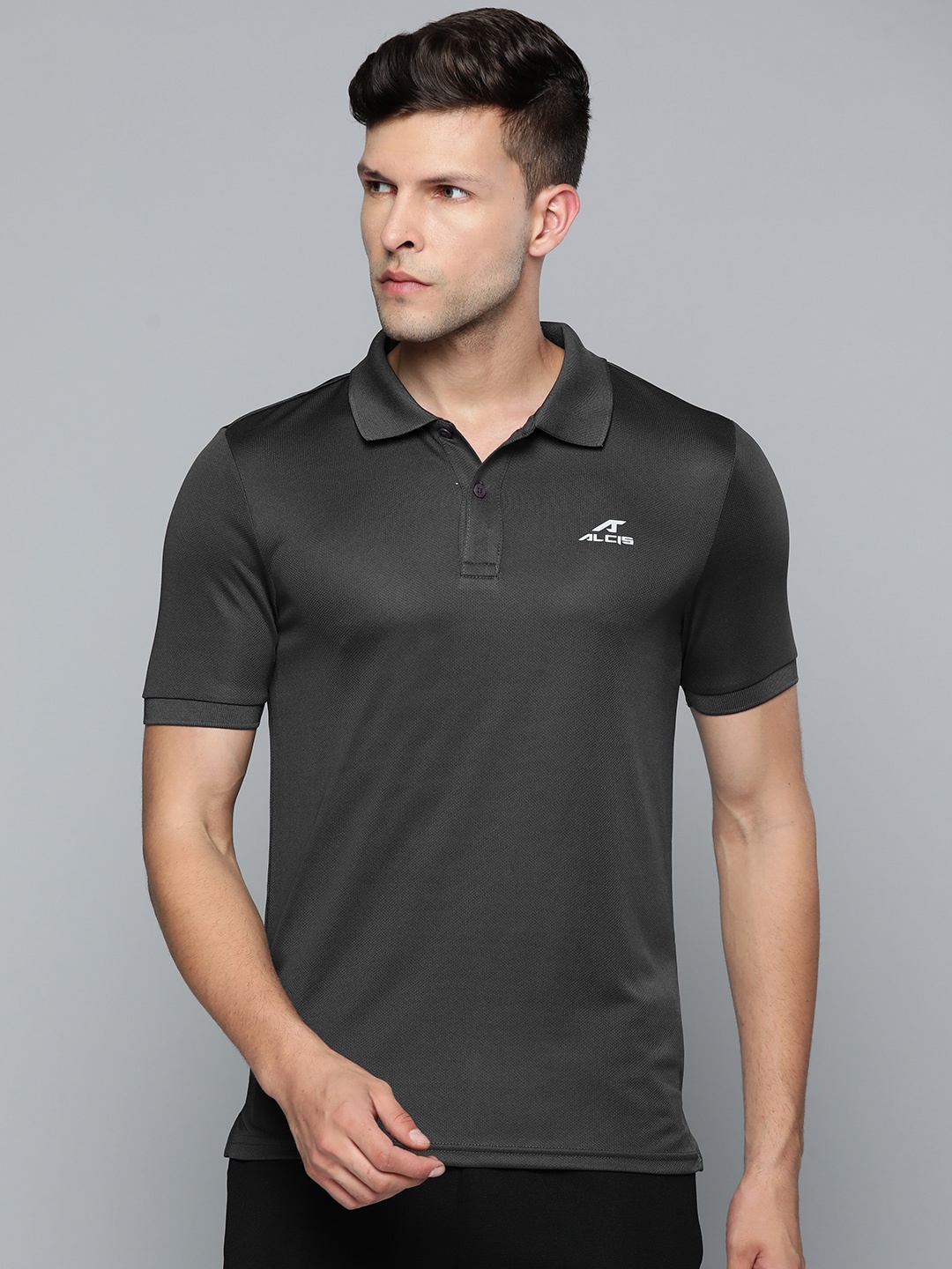 Alcis Men Charcoal Grey Polo Collar Slim Fit T-shirt