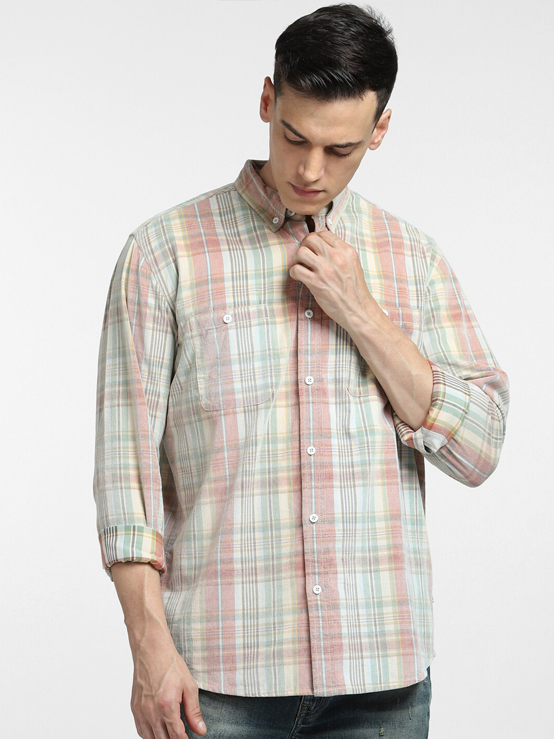 

Jack & Jones Men Tartan Checked Casual Cotton Shirt, Cream