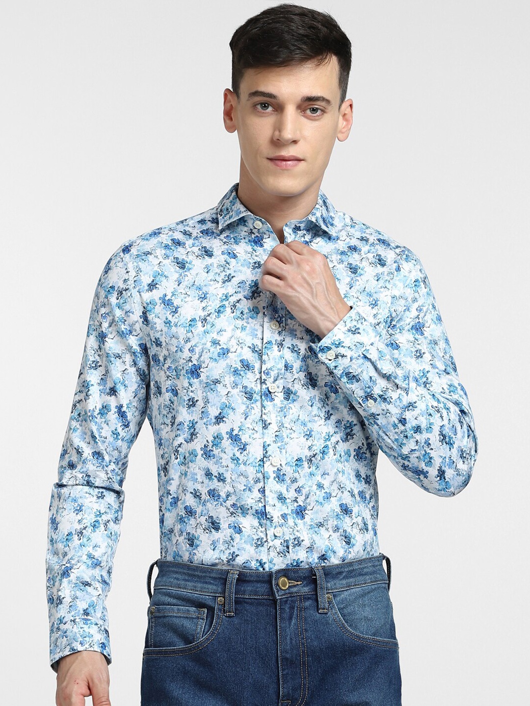 

Jack & Jones Men Slim Fit Floral Printed Casual Cotton Shirt, Blue