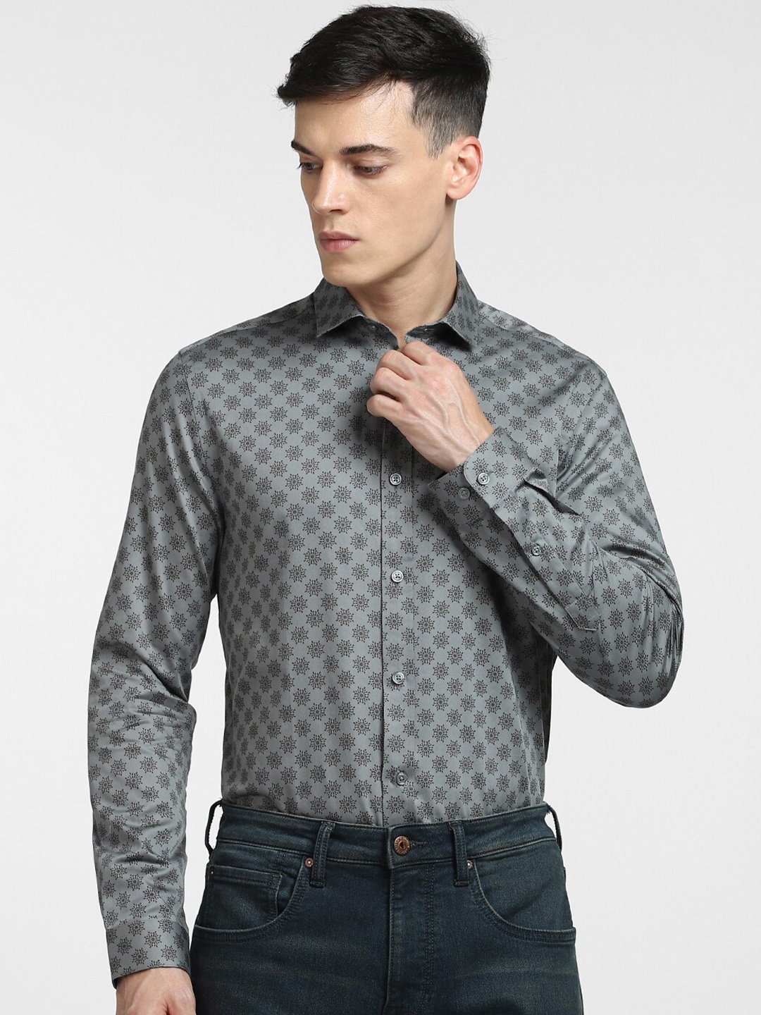 

Jack & Jones Men Slim Fit Printed Cotton Formal Shirt, Grey