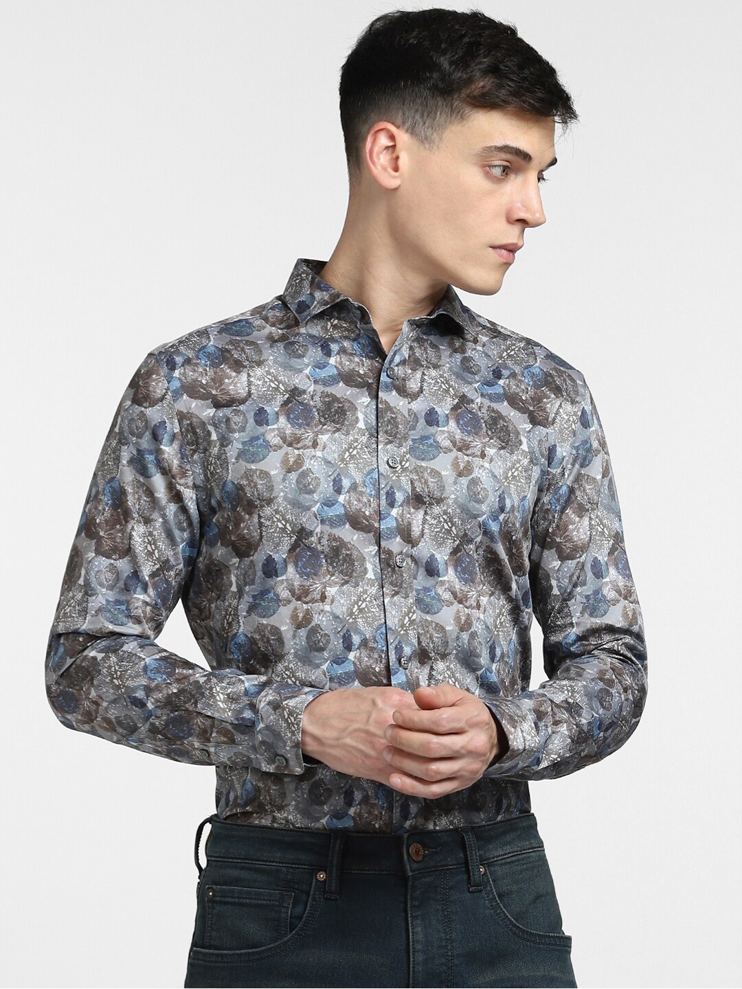 

Jack & Jones Men Grey Slim Fit Printed Formal Shirt