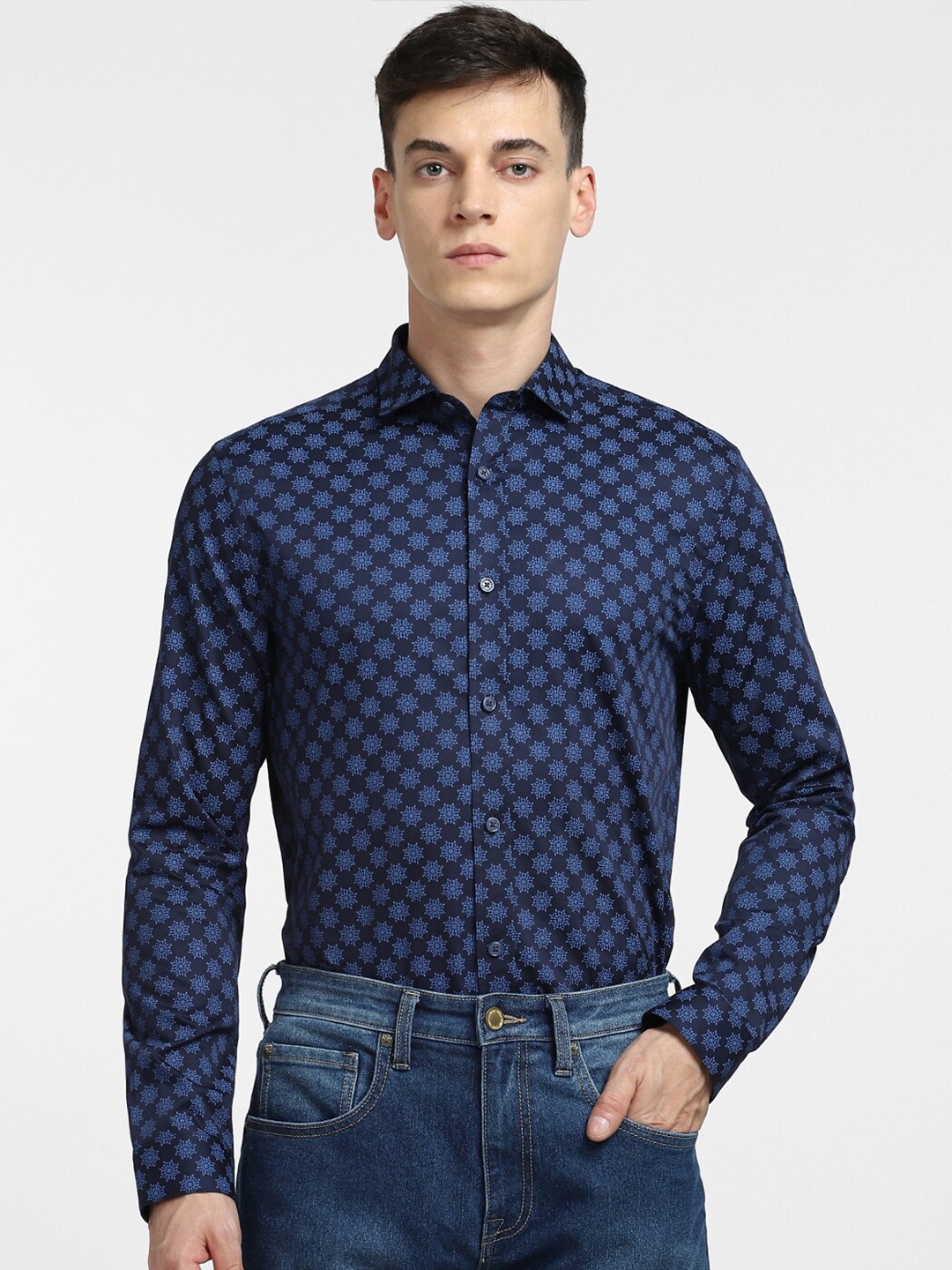 

Jack & Jones Men Slim Fit Floral Printed Casual Cotton Shirt, Blue