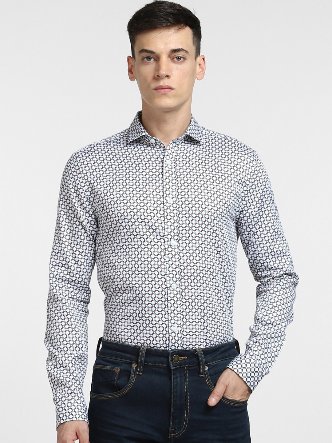 

Jack & Jones Men Slim Fit Printed Casual Cotton Shirt, White