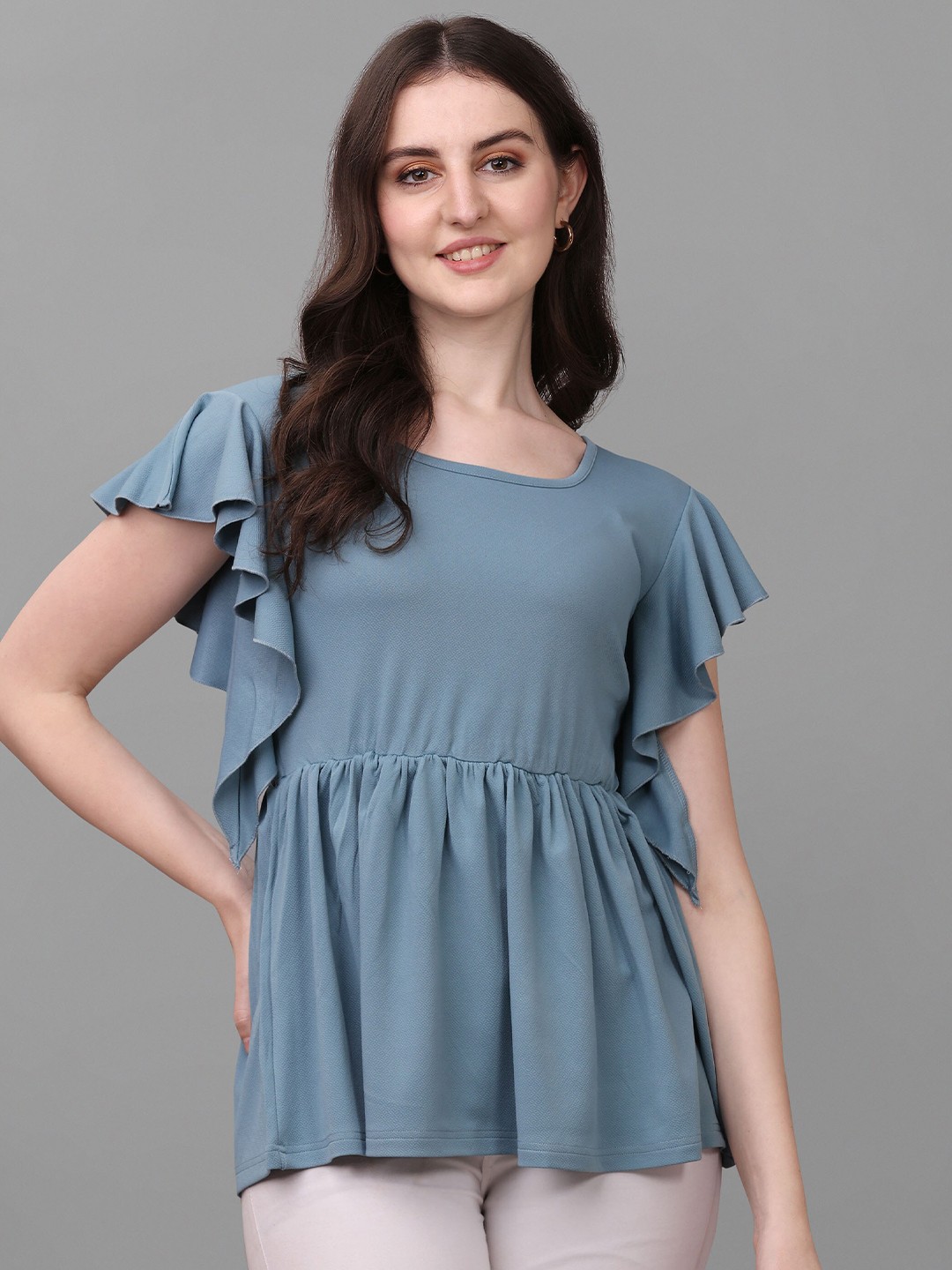 

VeBNoR Women Flutter Sleeves Peplum Top, Blue