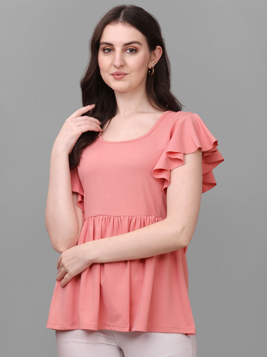 

VeBNoR Women Flutter Sleeves Peplum Top, Pink