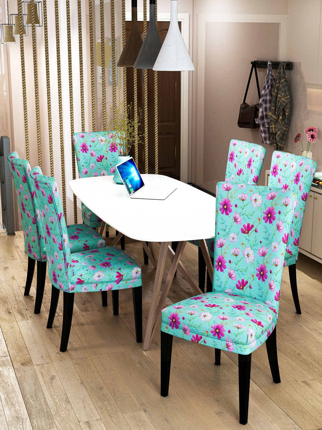 

Nendle Set Of 6 Floral Printed Stretchable Dining Table Chair Covers, Sea green