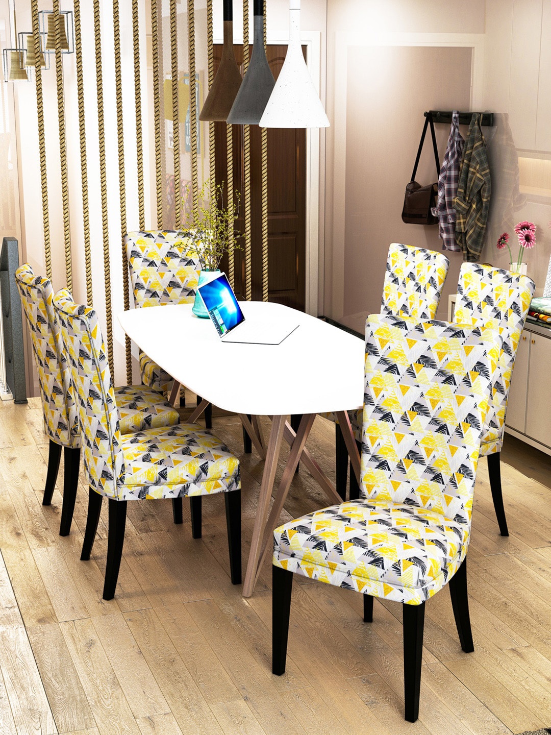 

Nendle Set Of 6 Printed Stretchable Dining Table Chair Covers, Yellow