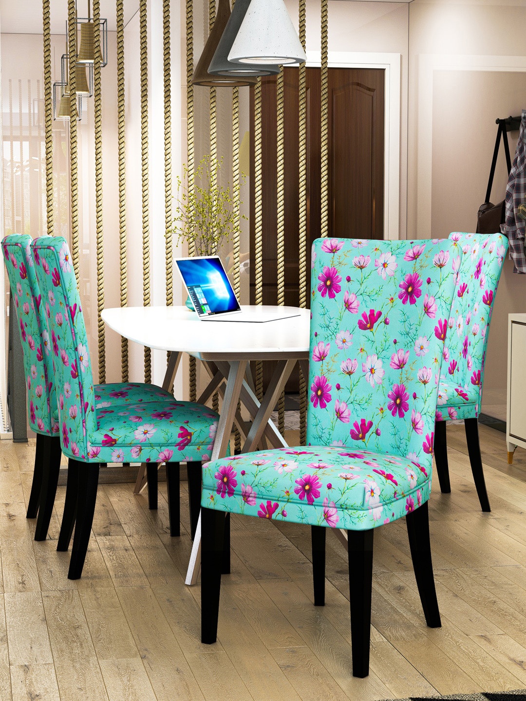 

Nendle Set Of 4 Floral Printed Stretchable Dining Table Chair Covers, Sea green