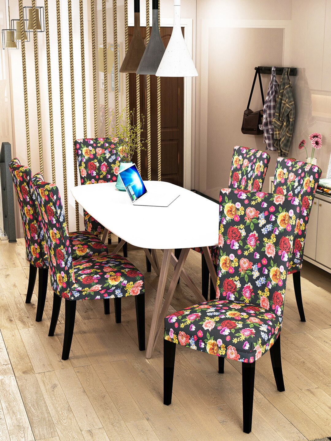 

Nendle Set Of 6 Floral Printed Stretchable Dining Table Chair Covers, Black